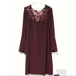 Pink Rose Burgundy Bell Sleeve Plus Size Dress